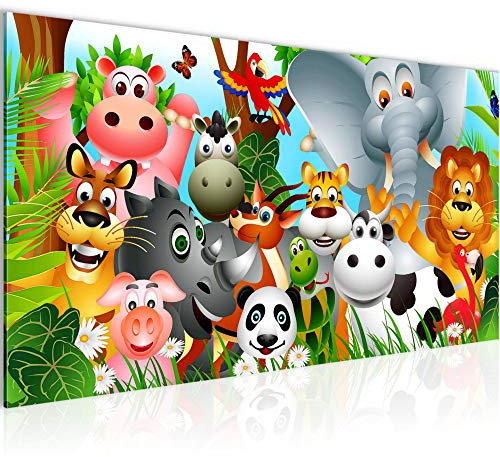 Runa Art Wandbild Kinderzimmer Afrika Tiere 1 Teilig 100 x 40 cm Modern Bild auf Vlies Leinwand Junge Mädchen Babyzimmer Spielzimmer Grün 014612a