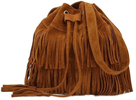 FENICAL Mode Fransen Quasten Retro Umhängetasche Eimer Tasche Cross-Body Tote Handtasche für Frauen Damen (braun)