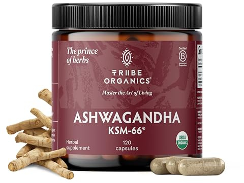 TRIBE ORGANICS Ashwagandha KSM 66 Pure Organic Root Powder Extract Ayurvedic Supplement - Focus, Mood Support, Increase Energy, Strength, 600mg of Natural KSM66 for Superior Absorption - 120 Capsules