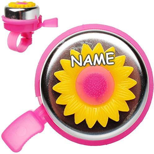 alles-meine.de GmbH kleine - Fahrradklingel/Glocke - Blume - rosa - pink / 3D Effekt - inkl. Name - Ding Dong - 2 Klang - stabiles Metall - UNIVERSAL Klingel für das Fahrrad / ..