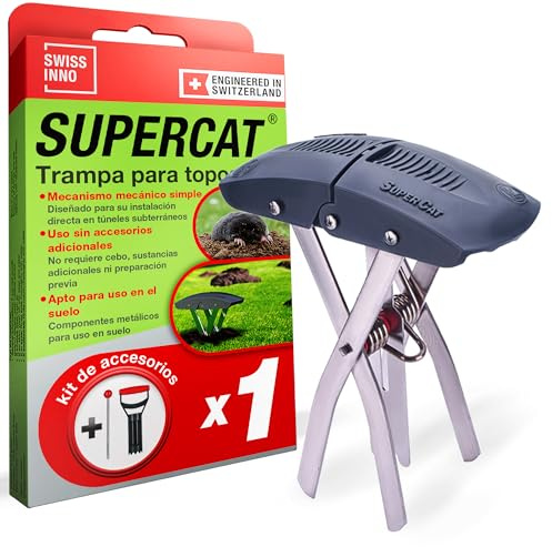 SWISSINNO Mullvadsfälla SuperCat med Installationskit – Professionell Fällmekanism med Hög Fångstgrad – Enkel Placering i Tunnelsystem – Återanvändbar och Robust – 1 Fälla + 1 Verktyg