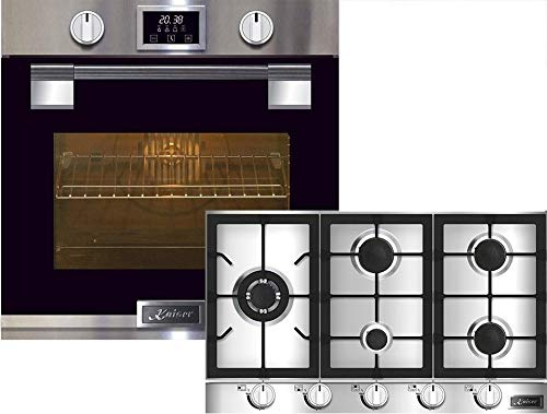 Set forno Kaiser autonomo, Kaiser EH 6337 forno elettrico da incasso in acciaio inox e vetro nero 11 multi funzioni 79L + Kaiser KG 9357 piano cottura a gas in acciaio inox 90 cm 5 Wok, 4,5 kW