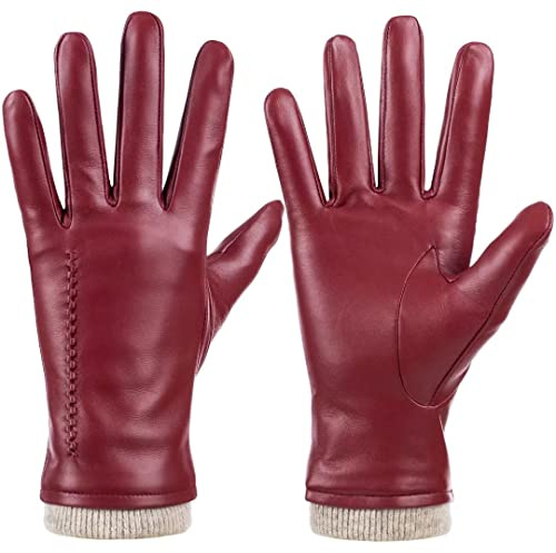 Dsane Damen Echtes Schafsleder Handschuhe, Winter Warm Touchscreen Texting Kaschmir gefüttert Fahren Motorrad Kleid Handschuhe （Rot, M）