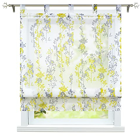 ESLIR Raffrollo mit Schlaufen Voile Gardinen Küche Raffgardinen Transparent Schlaufenrollo Modern Vorhänge mit Bäume Muster Gelb BxH 100x140cm 1 Stück