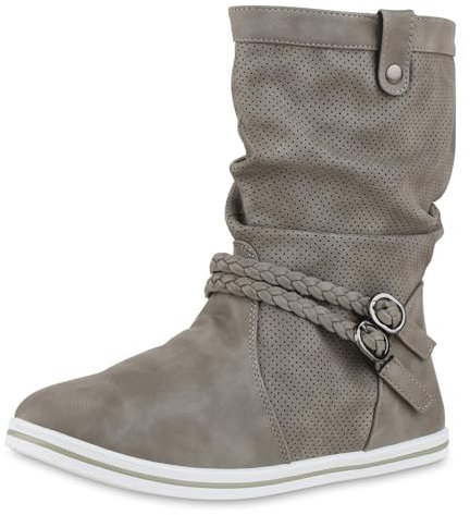 VAN HILL Damen Schlupfstiefel Sportliche Stiefel Leder-Optik Boots Geflochtene Schnalle Zierknöpfe Bequeme Schlupfschuhe 610587 Hellgrau 39