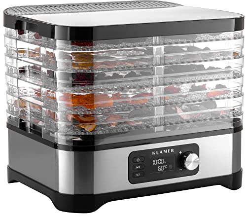 KLAMER Dörrautomat 400W, 24h-Timer und 35-70°C Temperaturregler, 5 höhenverstellbare Einlegefächer, Trockner mit Edelstahlverkleidung, BPA frei