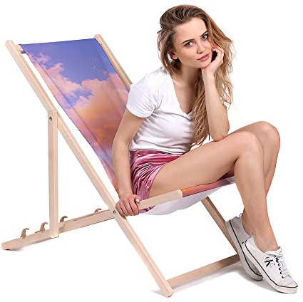 DreamRoots Liegestuhl klappbar Buchenholz, Colourfull Clouds | Klappliegestuhl Holz, Buchenholz, bis 130 kg, 3-fach verstellbar, waschbarer Polyesterbezug, für Garten & Terrasse