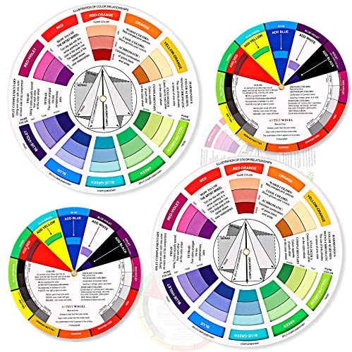 4 Pcs Color Wheel, Paint Mixing Learning Guide Art Class Teaching Tool Color Wheels for Makeup Blending Board Chart Mixed Guide Mix (5.5 Inches, 9 Inches)