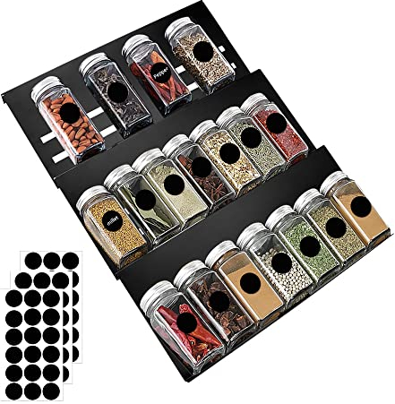 Gewürz Schubladeneinsatz aus ALU stark rostfrei Metall Gewürzorganizer Breite 30cm Länge 14-40cm ausziehbar Gewürzregal für Schubladen mit Sticker Gewürzregal Organizer auf 3 Ebenen