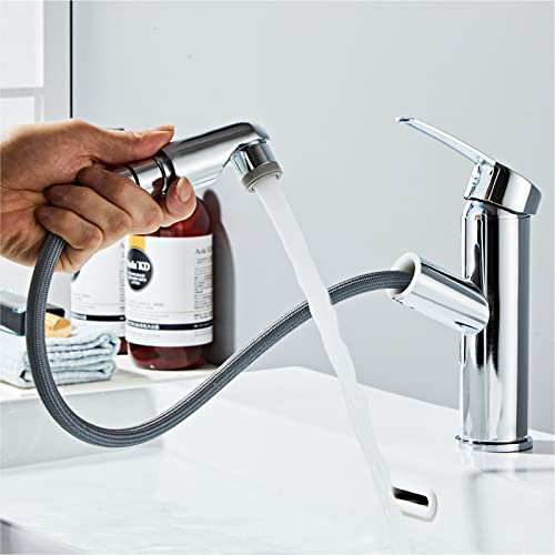 Sumeber Grifo de baño con grifo extraíble para lavabo con 2 tipos de chorro, adecuado para lavabo de encimera, grifo mezclador cálido y frío (ducha extensible plateada)