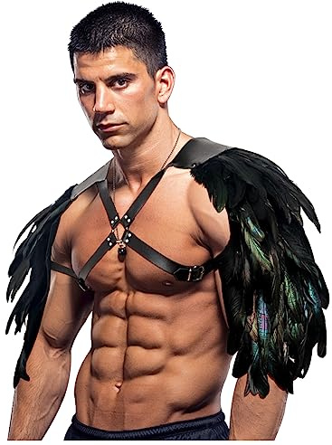 keland Mittelalter Schulterschutz Schulterpanzer Lederrüstung mit Federn Wikinger Accessories für Halloween Cosplay (Y-Schwarz)