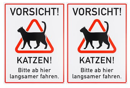 Warnschild VORSICHT! KATZEN! Bitte langsamer fahren., 2 Stück, 40 x 30 cm, 1 mm starkes PVC Schild mit Bohrlöchern, Hinweisschild Haustier auf der Straße, Autofahrer Sicherheitsschild Vorsicht Tiere