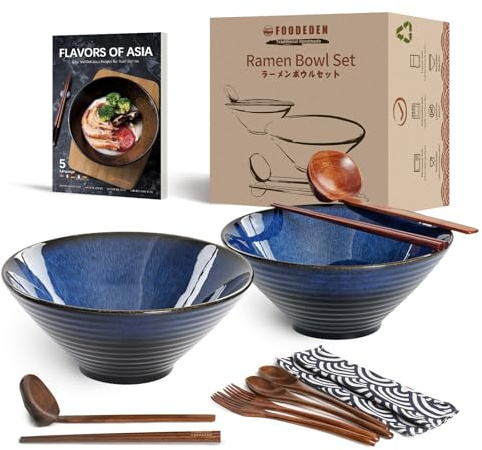 foodeden Ramen Bowl Set of 2, 1600ml Japanese Ceramic Noodle Bowls (with Spoons, Chopsticks Kits) for Soup, Cereal, Pasta, Pho, Udon, Mixing Salad & Snack, Home Warming Gift