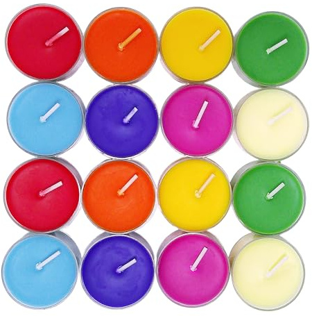 Chakra Colored & Scented Tealight Candles – 16 Soy Wax Candles with Essential Oils, 7 Chakra Colors – 60+ Hours Burn Time for Meditation, Reiki & Home Decor