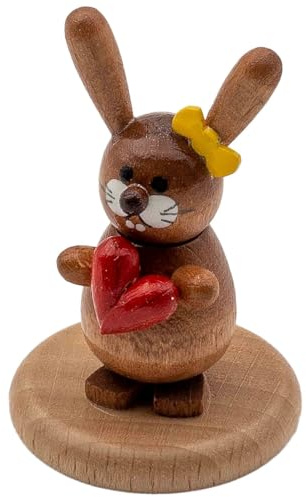 Seiffener Volkskunst Jan Legler | Osterhase Hasenfigur Osterfigur Osterhasenfigur | Handarbeit aus dem Erzgebirge | 5,5 cm | mit Herz auf Sockel