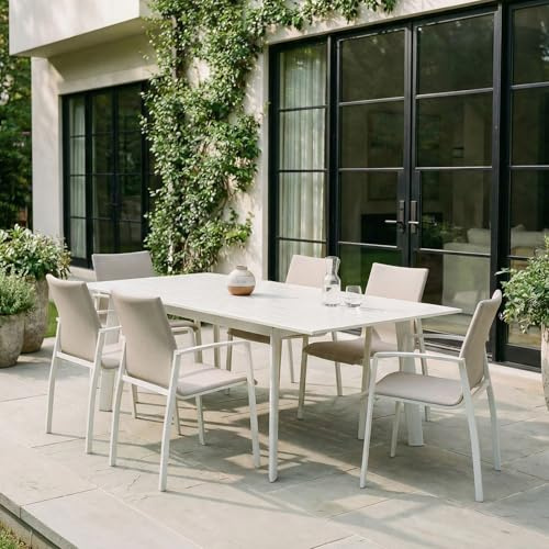IDIMEX Gartenmöbel Set Verano, weiß/beige - mit 6 Stühlen und ausziehbarem Gartentisch, Aluminium und wetterfeste Textilene, stapelbar, strapazierfähig, Outdoor-Möbel, Balkonmöbel, Terrassenmöbel