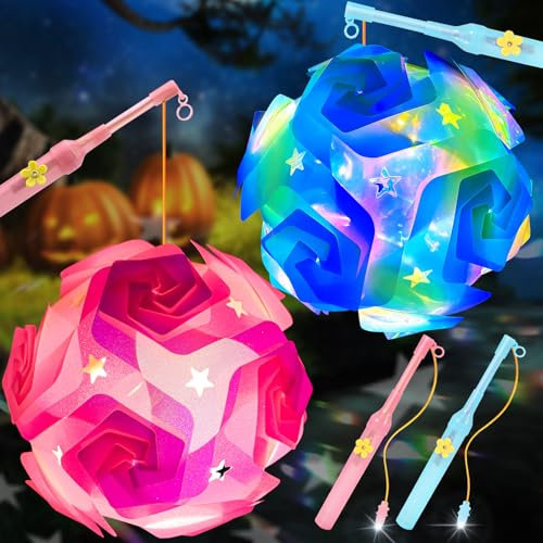 Laternenstab Kinder, 2pcs Laterne Kinder, Tragbare Martinslaterne mit Laternenstab,Laterne St Martin Multicolor Laternen Bastelset,LED Laternenstab Elektrisch für Martinsumzug,Halloween(Blau+Rosa)