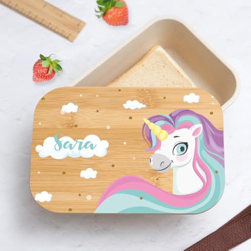 Transparent Gift Fiambrera con Tapa de Madera Infantil Personalizada con Nombre Unicornios Coloridos. Fiambreras para Niños/Niñas Excursión, Colegio, Guardería. Caja Almuerzo, Merienda Vuelta al Cole