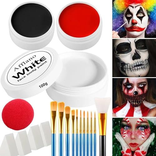 Afflano Groß Weiß Schwarz Rot Gesicht Body Paint, Joker Zombie Vampir Clown Makeup Kit,Skelett Halloween Makeup für Erwachsene, Oil Based Face Painting Kit Mit Pinsel +Clown Nase+Schwämme 20stk