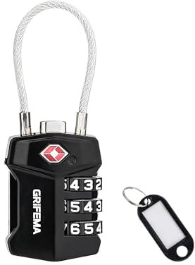 GRIFEMA TSA-zertifiziertes 3-stelliges Zahlenschloss, Flexibles Stahlkabel für Koffer, Reisegepäck und Rucksäcke (1er Pack, GA1006)