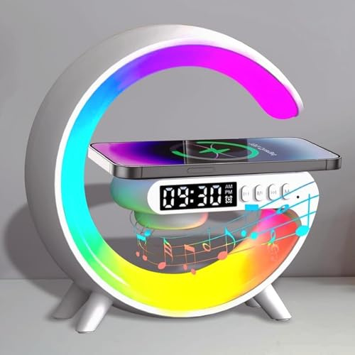 HoldOneLight Kabelloses Ladegerät Lampe Bluetooth-Lautsprecher Musik Uhr Wecker Taste und App-Steuerung, 7 Licht Farbe Modi, Wohnzimmer, Haus und Büro Wecker mit kabellosem Ladegerät (White Z)
