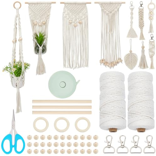 INFUNLY 10 Set DIY Makramee Set für Anfänger Boho Wandbehang Wandteppich Sets Mit Anleitung Schlüsselanhänger Kit Aus Beigefarbener Baumwollkordel Handgefertigtes Pflanzenhänger DIY Ornament