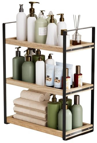 ohbien 3 Etagen Standregal Badezimmer Organizer, Badezimmer Regal Holz mit Metallgestell, Küchen Gewürzregal Standregale, Schreibtisch Organizer für Küche Schminktisch Kommode