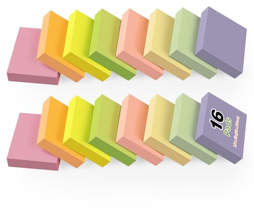 NOTEZMATE 16 Stück Farbige Haftnotizen 50 x 38 mm, 1600 Blatt Selbstklebende Klebezettel, Helle Haftnotizzettel Bunte Rechteckig Sticky Notes für Büro Zuhause Schule Sitzung, 100 Blätter/Block,8 Farbe
