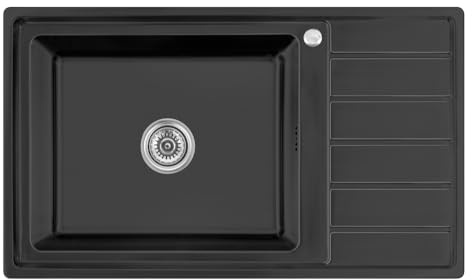 Omeere, 86x50x21, Fregadero de cocina empotrable de acero inoxidable 304, grosor de material 0,9 mm, cuadrado, 1 escurridor R20 (escurridor derecho – negro)