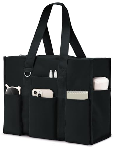 Becokan Large Tote Bag for Women Waterproof with 12 Pockets Top Zipper Closure Utility Teacher Nurse Bags for Work School