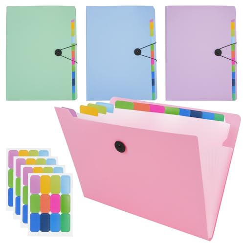 4 stycken dokumentmapp A4, fack med 12 fack, mapp med hög kapacitet med tryckknapp, utdragbar plastdragspel, mapp för hem, kontor, skola