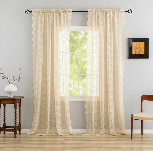 YJ YANJUN Lace Net Curtains 90 Drop Pair for French doors Old Farmhouse Light Brown Sheer Curtains for Living Room Chic Floral Scalloped Edges Lace Drapes 132cm Width x 229cm Drop (52x 90) Beige