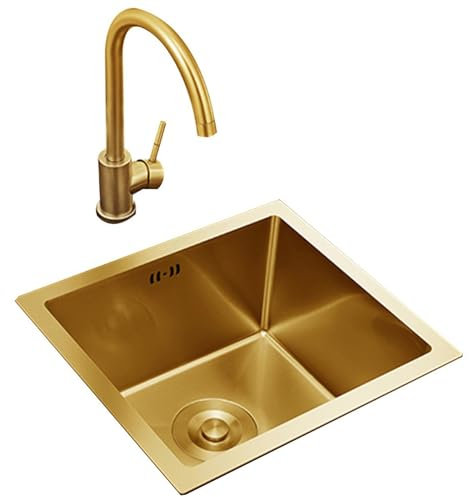 Lavello da cucina in acciaio inox dorato con rubinetto, lavello compatto a una vasca per banconi da bar e isole da cucina, lavello da incasso da banco, lavabo di piccole dimensioni per appartamenti