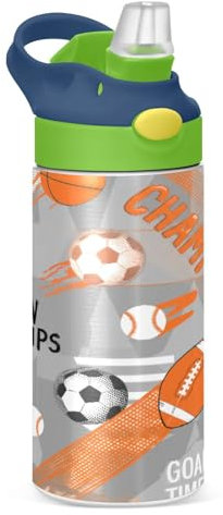 JUMBEAR Bouteille d'eau isotherme en acier inoxydable avec couvercle à paille pour enfants Motif rugby et casques 350 ml