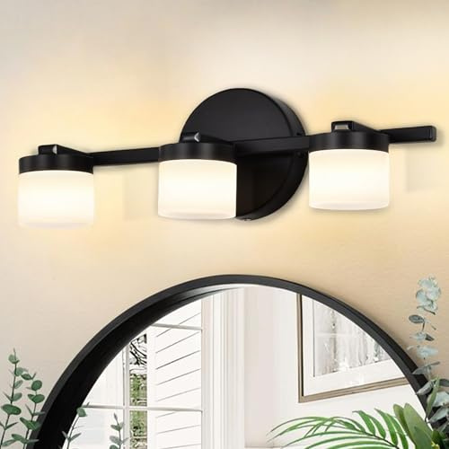 Alighting Moderne 3-flammige LED Badezimmer Wandleuchte in Schwarz – 40 cm breit, mit 3000K warmweißem Licht & satinierten Acrylschirmen, ideal für Spiegelbeleuchtung