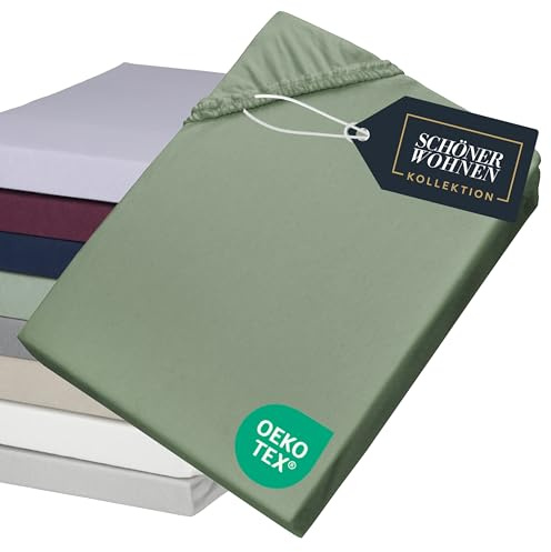 SCHÖNER WOHNEN Spannbettlaken 140x200cm Grün bis 160x200cm - Luxus Spannbetttuch aus Jersey-Baumwolle Öko-Tex Bed Sheets - für Matratzen bis 30 cm Steg hoch & Boxspringbett - Bettlaken Queen