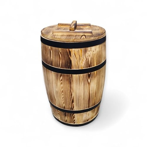 Barril de madera con tapa de madera quemada – Barril rústico para decoración, almacenamiento de agua de lluvia o almacenamiento – Hecho a mano con aspecto antiguo de 160 litros