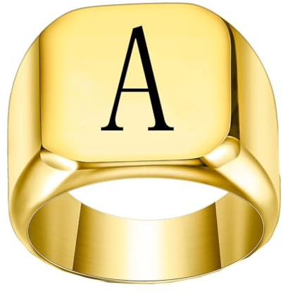 PAURO Edelstahl Trendiger Minimalistischer Quadratischer Alphabet Initialen Siegelring für Herren Damen Gold A Größe 65 (20.7)