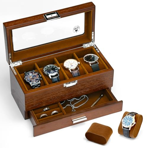 Slege Klockbox,Elegant Klocklåda Trä,med Glasfönster,2-nivås Klockdisplay Fodral för 4 Klockor,Klockfodral Trä,Klockställ för Män,1 Låda, för Ringar, Armbandsur,Armband,Presentidé,Watch Box,Brun