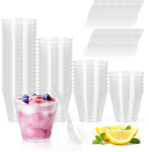 VFANDV 60 Stück Desserttasse mit LöFfeln,100ml Durchsichtiger Dessertbecher Wiederverwendbar RundendessertgläSer Plastik Zum Servieren Von Party-Snacks Wie Joghurt, Pudding, Mousse und Eiscreme