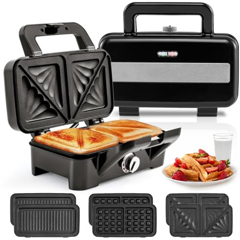 KOTEK 3 In 1 Sandwich Maker, Waffle Maker with Removable Plates, 5-Gear Temperature Control, Non-Stick Coating, Cool Touch Handle & Indicator Lights, Panini Press for Breakfast, 1200W