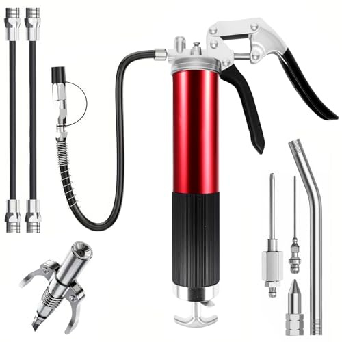 Grease Gun, 7000 PSI Heavy Duty Pistol Grip Grease Gun Set with Coupler and 3 Flexible Hoses and Metal Extension Tube, Four Nozzle Types Compatible with 400cc Cartridge(Red)-1