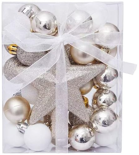 TenaLucy 30 Piezas Adorno Arbol Navidad con 10M Alambre de Oro,Bolas Arbol de Navidad con Estrella de La Copa del Árbol, Adornos Navideños Arbols para Festividades Hogar Decoración(Oro & Blanco)