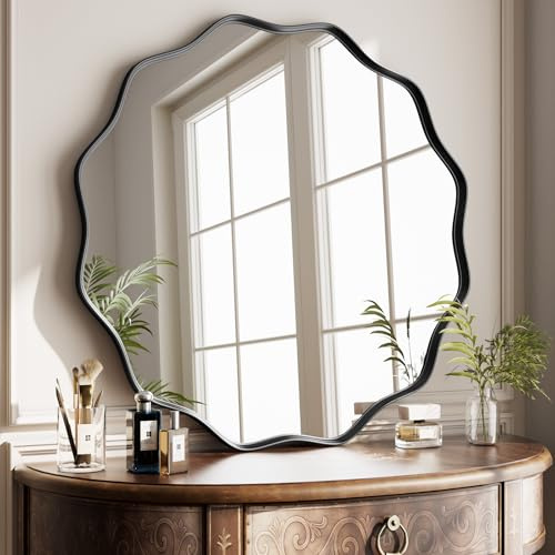 Koonmi Wavy Round Wall Mirror, 50 cm, Black | Metal frame, Textured frame, Wall-mountable, Suitable for bathrooms and hallways/entryways
