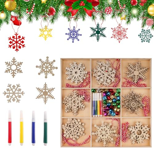 KiKiHong 32 Piezas Copo de Nieve de Madera para Decoración de Navidad, Adornos Colgantes para Árbol de Navidad DIY,Decoraciones del Árbol del Copo de Nieve7-8 cm (8 Diseños)