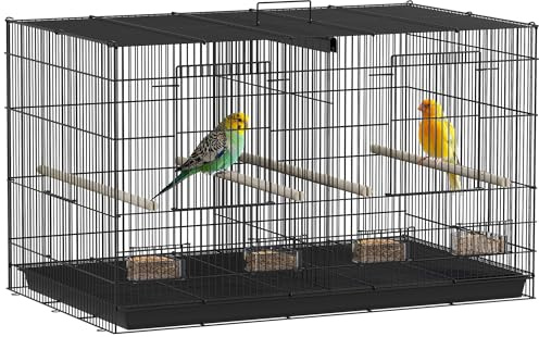 PawHut Jaula para Pájaros con Divisor, 76x46x46 cm, Pajarera con 4 Comederos, 4 Perchas y Bandeja Extraíble, Jaula para Loros, Canarios, Periquitos, Negro