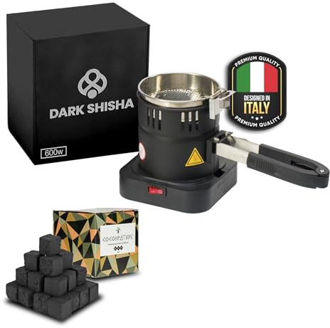 Set Hornillo Eléctrico Dark Shisha 600W con Cesta + 1 kg Carbón Coco bration 26 mm para Cachimba | Encendido Rápido 7–8 Minutos | Hasta 10 Carbones | Compacto y Seguro