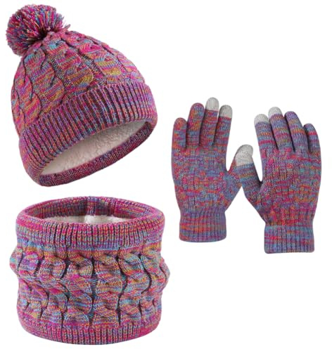 3 In1 Conjunto De Gorro Guantes y Bufanda De Invierno Para Niños,Invierno Cálido Sombrero De Punto Con Pompon,Térmico Niñas Beanie Gorro Bufanda Guantes Set Para Niñas 4-10 Años (Morado)