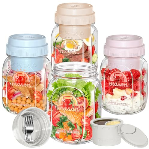 [UPGRADE] 4 Pack Glass Salad Container for Lunch, Salad Jars with Silicone Dressing Cup & Airtight Lid & Fork for Meal Prep, Wet/Dry Separation Divider for Salad Dressing and Dry Ingredients Mason Jar