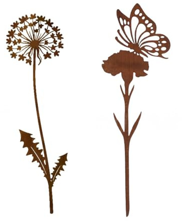 JACKANNA 2er Set Pusteblume Deko Gartendeko für Draußen Wetterfest Gartenstecker Rost 30cm - Frühlingsdeko Draussen Metall - Balkon Deko Wetterfest, Gartendeko Rost